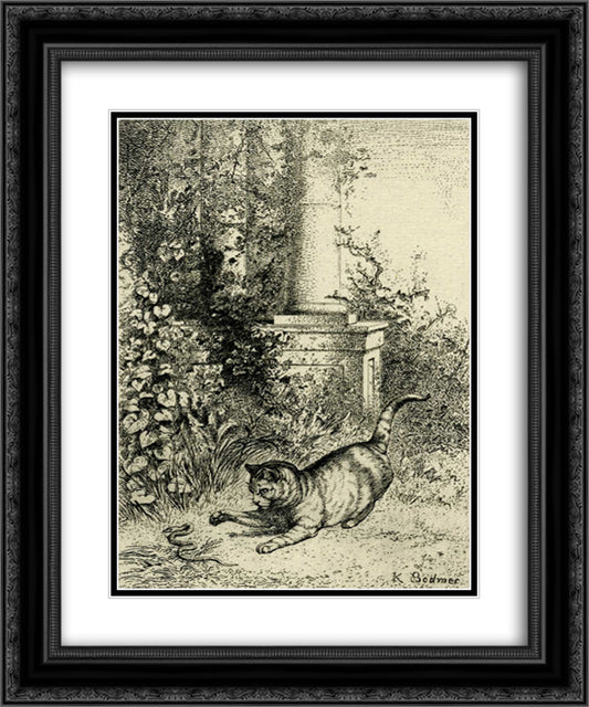 Cat playing with an adder 20x24 Black Ornate Wood Framed Art Print Poster with Double Matting by Bodmer, Karl