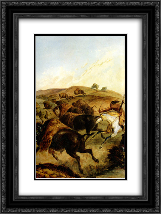 Indians Hunting The Bison [ Left ] 18x24 Black Ornate Wood Framed Art Print Poster with Double Matting by Bodmer, Karl