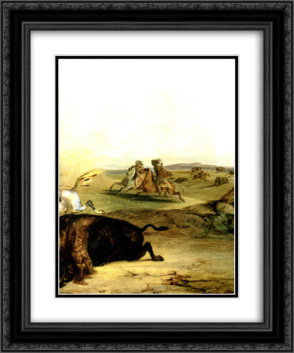 Indians Hunting The Bison [ Right ] 20x24 Black Ornate Wood Framed Art Print Poster with Double Matting by Bodmer, Karl