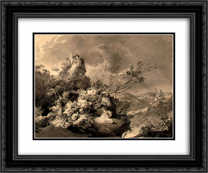 Ruined Towers Overlooking the Rhine 24x20 Black Ornate Wood Framed Art Print Poster with Double Matting by Bodmer, Karl