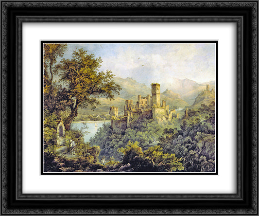 Stolzenfels Castle, in the background Lahneck Castle 24x20 Black Ornate Wood Framed Art Print Poster with Double Matting by Bodmer, Karl