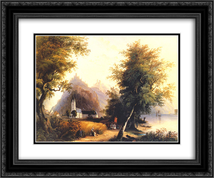 The 'Enemy brothers' in Bornhofen on the Rhine with a convent and village view 24x20 Black Ornate Wood Framed Art Print Poster with Double Matting by Bodmer, Karl