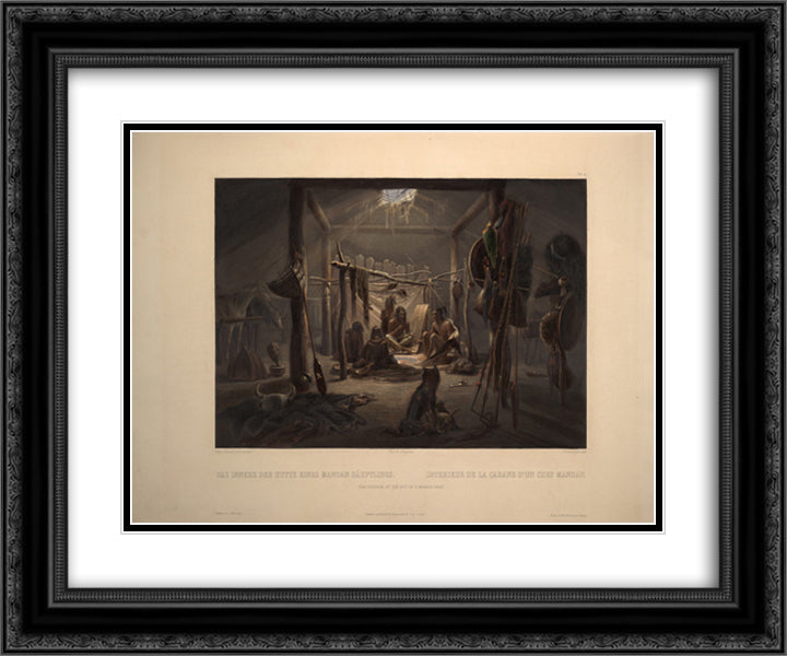 The Interior of a Hut of a Mandan Chief, plate 19 from Volume 2 of 'Travels in the Interior of North America' 24x20 Black Ornate Wood Framed Art Print Poster with Double Matting by Bodmer, Karl