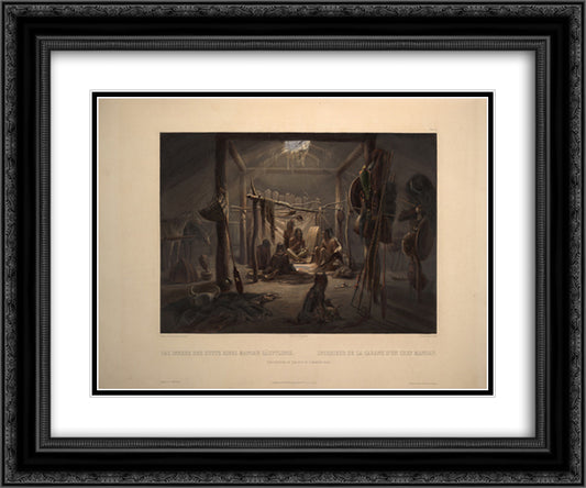 The Interior of a Hut of a Mandan Chief, plate 19 from Volume 2 of 'Travels in the Interior of North America' 24x20 Black Ornate Wood Framed Art Print Poster with Double Matting by Bodmer, Karl