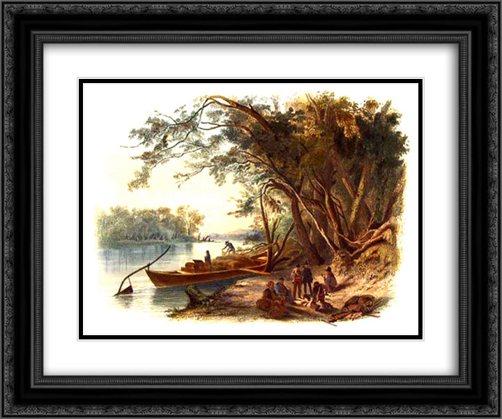 The party in which Karl Bodmer was traveling stopped to camp along the Missouri River in North Dakoon 24x20 Black Ornate Wood Framed Art Print Poster with Double Matting by Bodmer, Karl