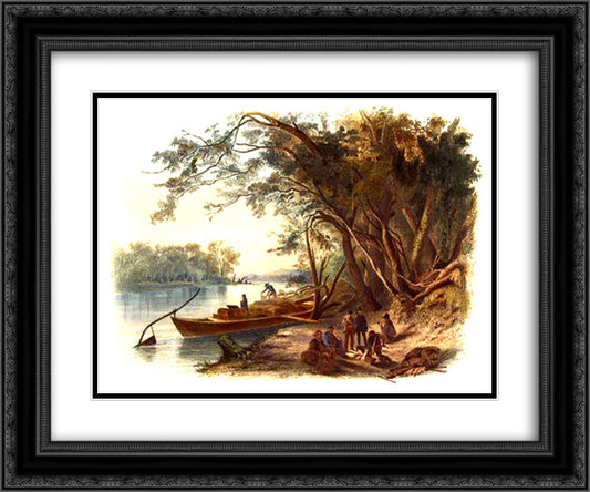 The party in which Karl Bodmer was traveling stopped to camp along the Missouri River in North Dakoon 24x20 Black Ornate Wood Framed Art Print Poster with Double Matting by Bodmer, Karl