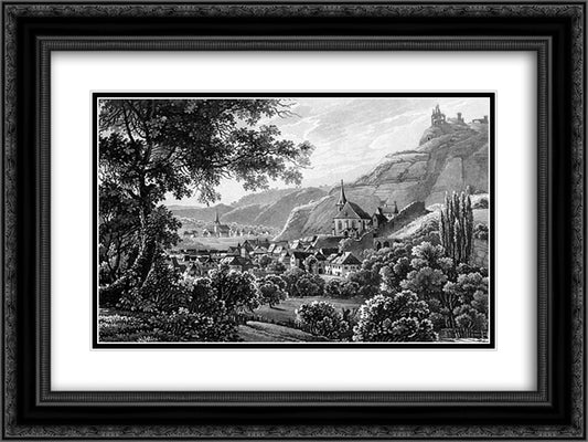 The town Traben Trarbach and the Grevenburg on the Moselle River in Germany 24x18 Black Ornate Wood Framed Art Print Poster with Double Matting by Bodmer, Karl