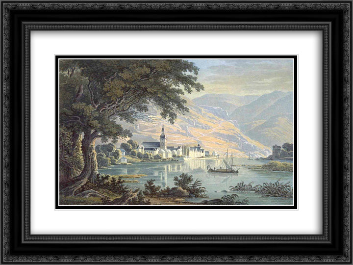The town Zell on the Moselle River in Germany 24x18 Black Ornate Wood Framed Art Print Poster with Double Matting by Bodmer, Karl