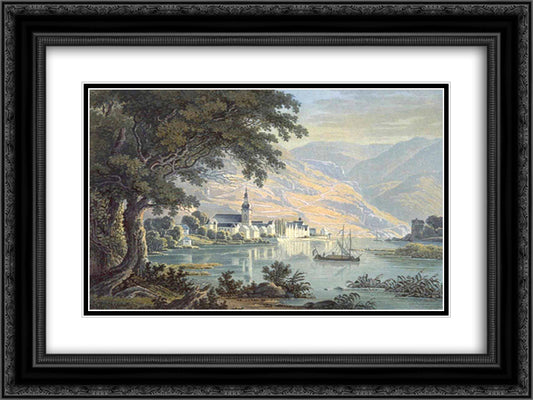 The town Zell on the Moselle River in Germany 24x18 Black Ornate Wood Framed Art Print Poster with Double Matting by Bodmer, Karl