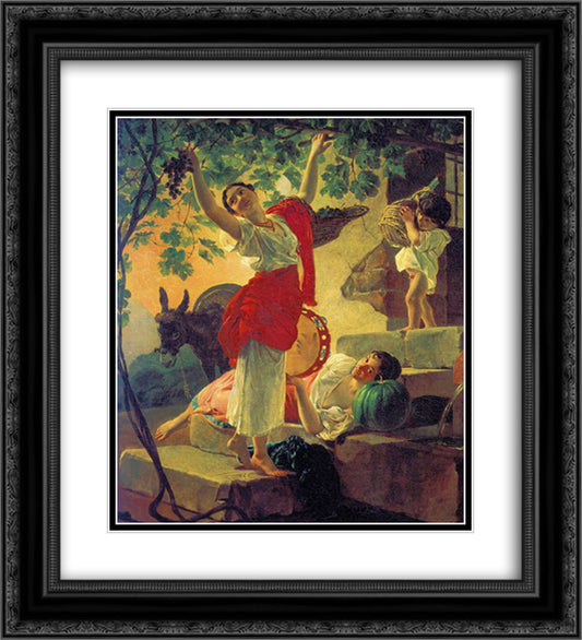 Girl Gathering Grapes in a Suburb of Naples 20x22 Black Ornate Wood Framed Art Print Poster with Double Matting by Bryullov, Karl