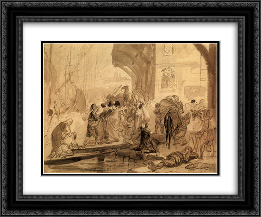 Harbour in Constantinople 24x20 Black Ornate Wood Framed Art Print Poster with Double Matting by Bryullov, Karl