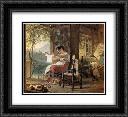 Italian, Expecting a Child, Looking at His Shirt, Her Husband Cobble Together a Cradle 22x20 Black Ornate Wood Framed Art Print Poster with Double Matting by Bryullov, Karl