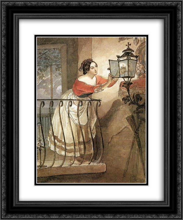Italian Woman Lightning a Lamp in front of the Image of Madonna 20x24 Black Ornate Wood Framed Art Print Poster with Double Matting by Bryullov, Karl