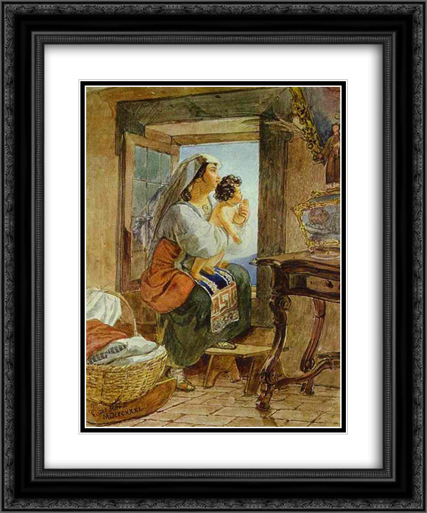 Italian Woman with a Child by a Window 20x24 Black Ornate Wood Framed Art Print Poster with Double Matting by Bryullov, Karl