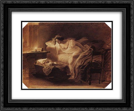 Mother Awoken by Her Crying Child 24x20 Black Ornate Wood Framed Art Print Poster with Double Matting by Bryullov, Karl