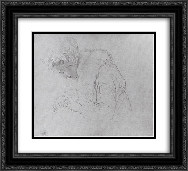 Portrait of a Young Woman Embroidering 22x20 Black Ornate Wood Framed Art Print Poster with Double Matting by Bryullov, Karl