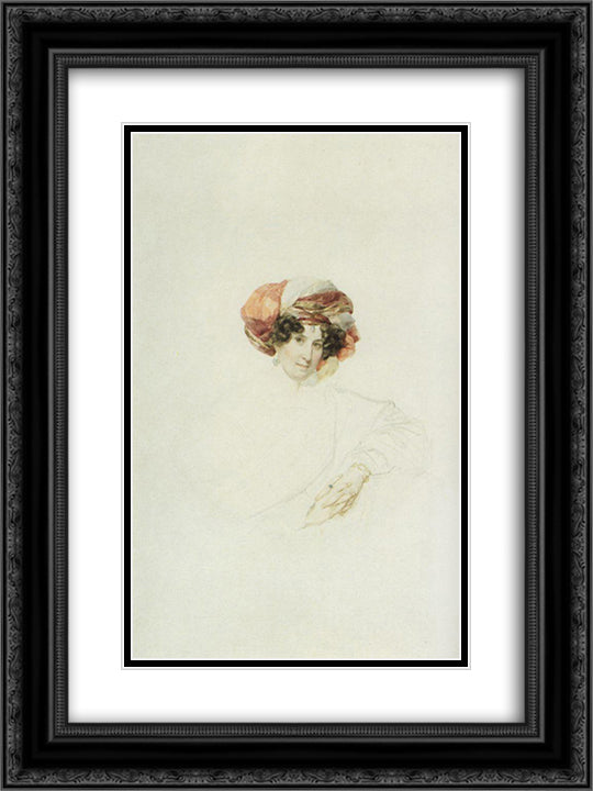 Portrait of an Unknown Woman in a Turban 18x24 Black Ornate Wood Framed Art Print Poster with Double Matting by Bryullov, Karl