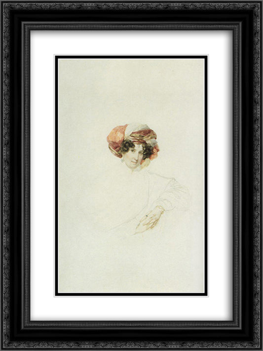 Portrait of an Unknown Woman in a Turban 18x24 Black Ornate Wood Framed Art Print Poster with Double Matting by Bryullov, Karl