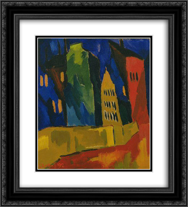 Houses at Night 20x22 Black Ornate Wood Framed Art Print Poster with Double Matting by Schmidt Rottluff, Karl