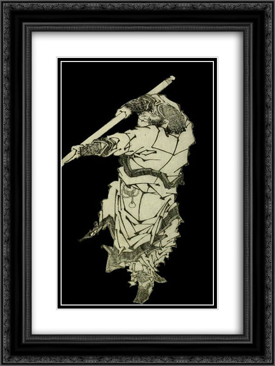 A depiction of Sun Wukong wielding his staff 18x24 Black Ornate Wood Framed Art Print Poster with Double Matting by Hokusai, Katsushika