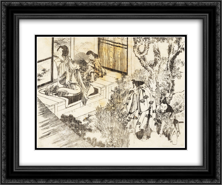 A man is watching a beautiful woman 24x20 Black Ornate Wood Framed Art Print Poster with Double Matting by Hokusai, Katsushika