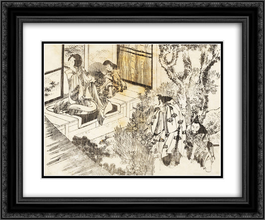 A man is watching a beautiful woman 24x20 Black Ornate Wood Framed Art Print Poster with Double Matting by Hokusai, Katsushika