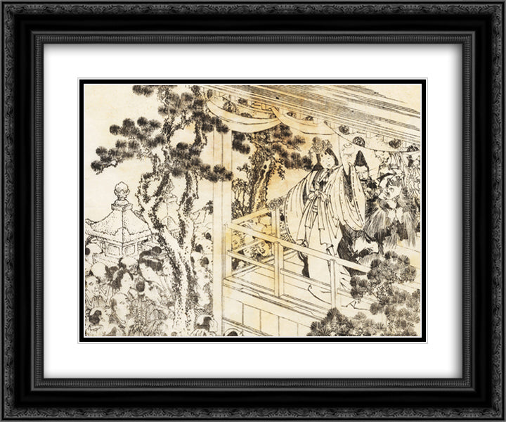 A scene of a shinto shrine dance, kagura 24x20 Black Ornate Wood Framed Art Print Poster with Double Matting by Hokusai, Katsushika