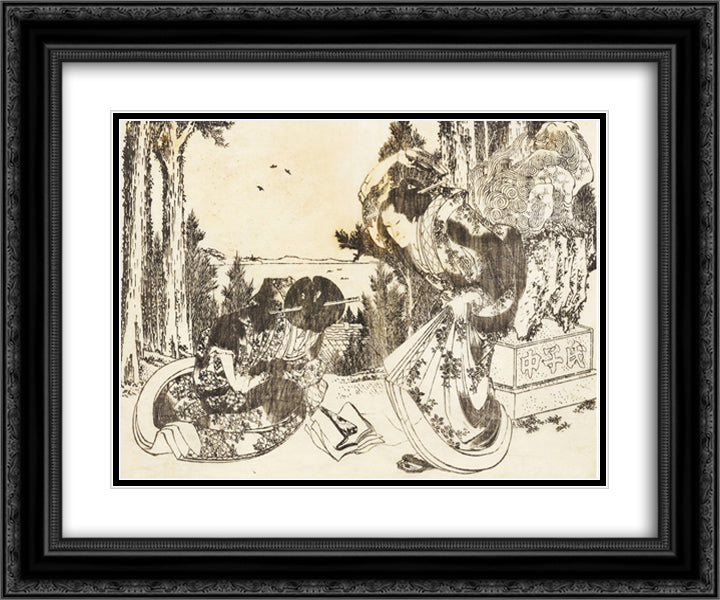 An older woman hits another woman with her shoe 24x20 Black Ornate Wood Framed Art Print Poster with Double Matting by Hokusai, Katsushika