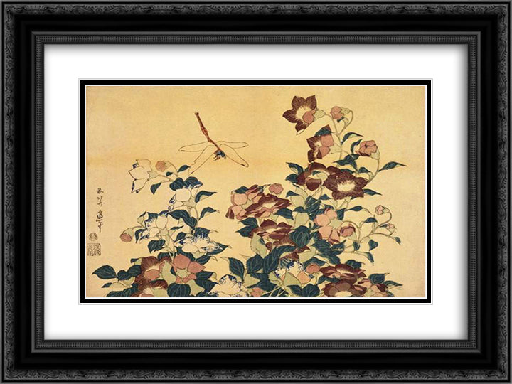 Bluebells and Dragonflies 24x18 Black Ornate Wood Framed Art Print Poster with Double Matting by Hokusai, Katsushika