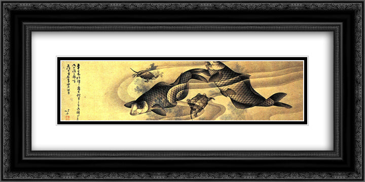 Carps 24x12 Black Ornate Wood Framed Art Print Poster with Double Matting by Hokusai, Katsushika