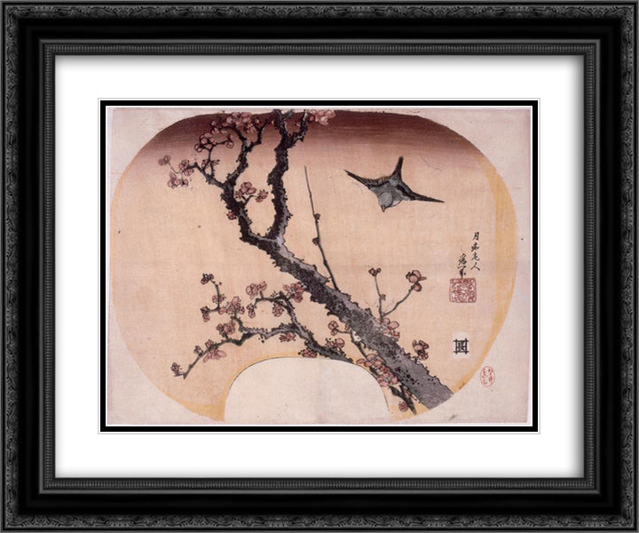 Cherry Blossoms and Warbler 24x20 Black Ornate Wood Framed Art Print Poster with Double Matting by Hokusai, Katsushika