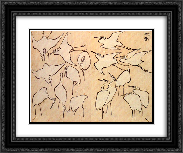 Cranes from Quick Lessons in Simplified Drawing 24x20 Black Ornate Wood Framed Art Print Poster with Double Matting by Hokusai, Katsushika