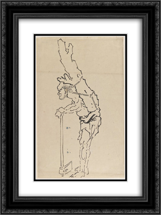 Drawing of Man Resting on Axe and Carrying Part of Tree Trunk on His Back 18x24 Black Ornate Wood Framed Art Print Poster with Double Matting by Hokusai, Katsushika