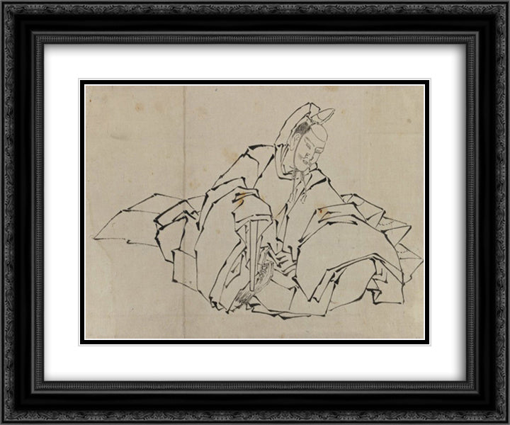 Drawing of Seated Nobleman in Full Costume 24x20 Black Ornate Wood Framed Art Print Poster with Double Matting by Hokusai, Katsushika