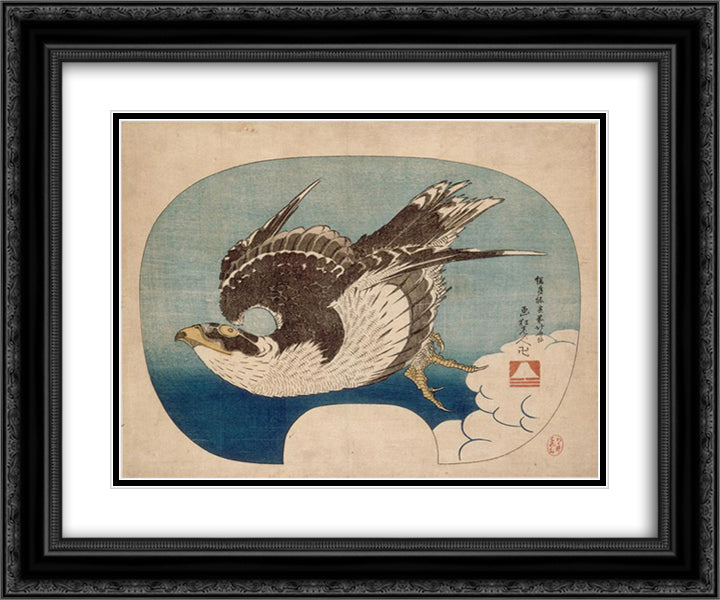 Falcon in flight 24x20 Black Ornate Wood Framed Art Print Poster with Double Matting by Hokusai, Katsushika