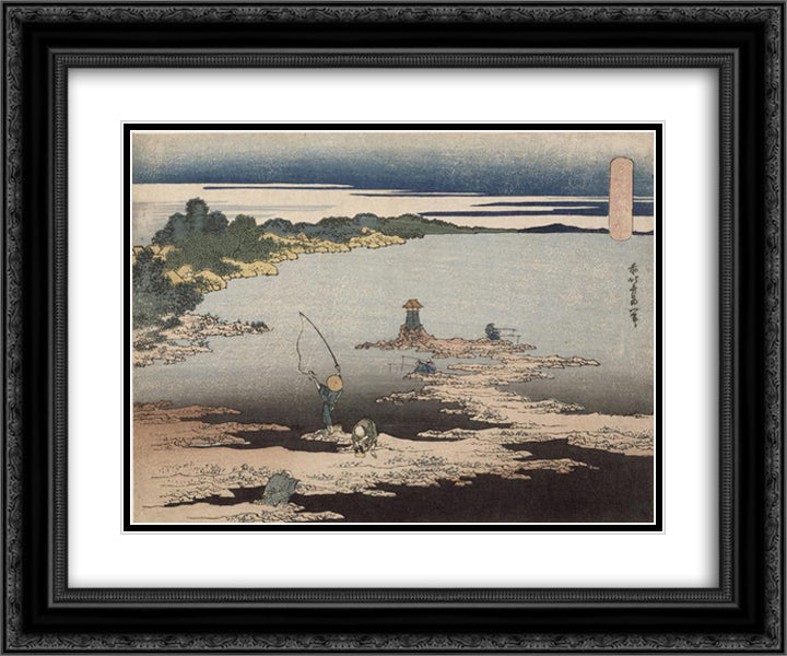 Fishing in the Bay Uraga 24x20 Black Ornate Wood Framed Art Print Poster with Double Matting by Hokusai, Katsushika
