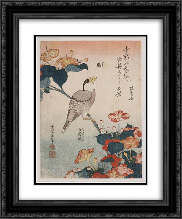 Grosbeak and mirabilis 20x24 Black Ornate Wood Framed Art Print Poster with Double Matting by Hokusai, Katsushika