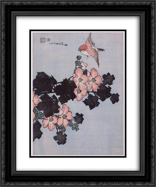 Hibiscus and Sparrow 20x24 Black Ornate Wood Framed Art Print Poster with Double Matting by Hokusai, Katsushika