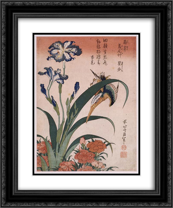 Kingfisher, carnation, iris 20x24 Black Ornate Wood Framed Art Print Poster with Double Matting by Hokusai, Katsushika