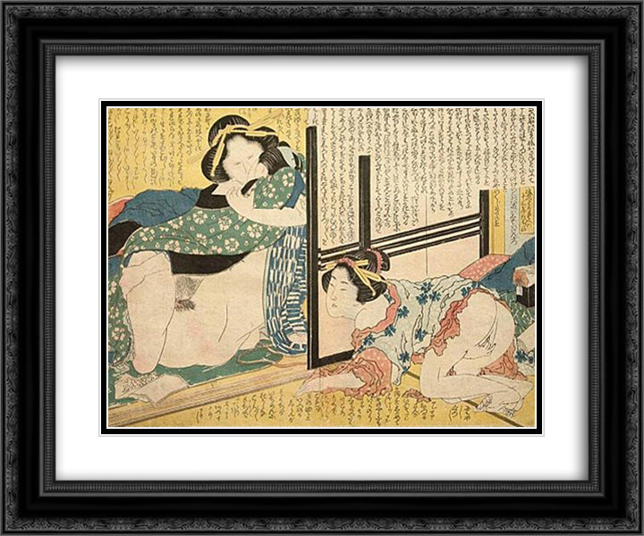 Masturbation and voyeurism 24x20 Black Ornate Wood Framed Art Print Poster with Double Matting by Hokusai, Katsushika