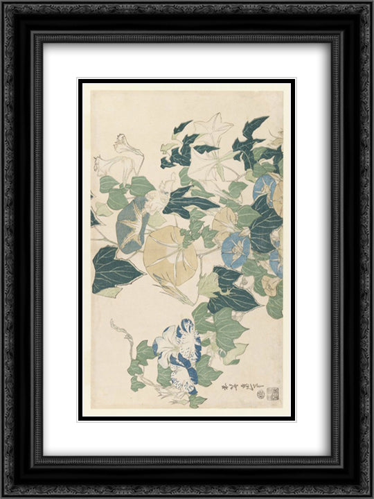 Morning Glories in Flowers and Buds 18x24 Black Ornate Wood Framed Art Print Poster with Double Matting by Hokusai, Katsushika
