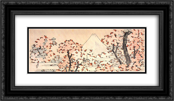Mount Fuji seen throught cherry blossom 24x14 Black Ornate Wood Framed Art Print Poster with Double Matting by Hokusai, Katsushika