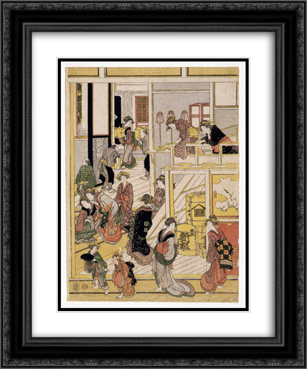 New Year's Days of the Teahouse Ogi-ya 20x24 Black Ornate Wood Framed Art Print Poster with Double Matting by Hokusai, Katsushika