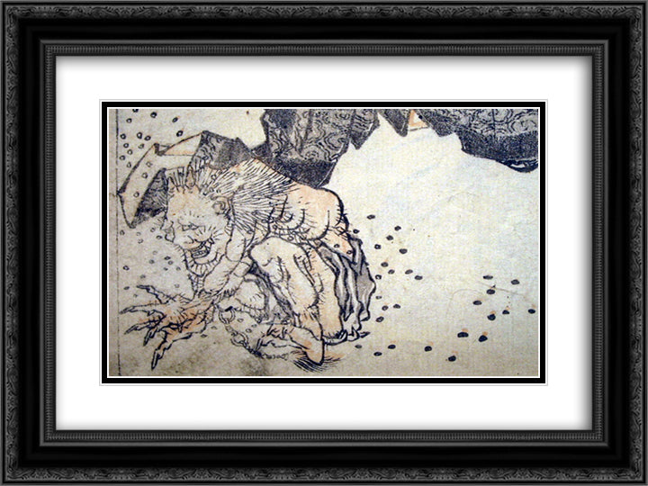 Oni pelted by beans 24x18 Black Ornate Wood Framed Art Print Poster with Double Matting by Hokusai, Katsushika
