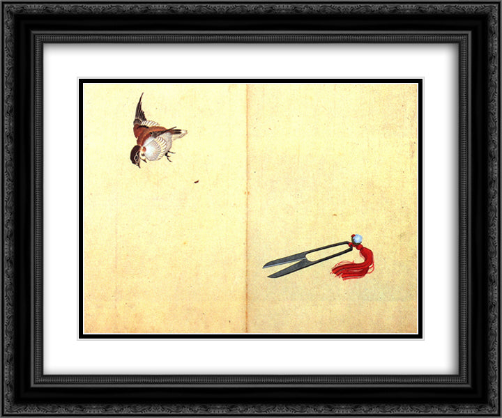 Pair of sissors and sparrow 24x20 Black Ornate Wood Framed Art Print Poster with Double Matting by Hokusai, Katsushika