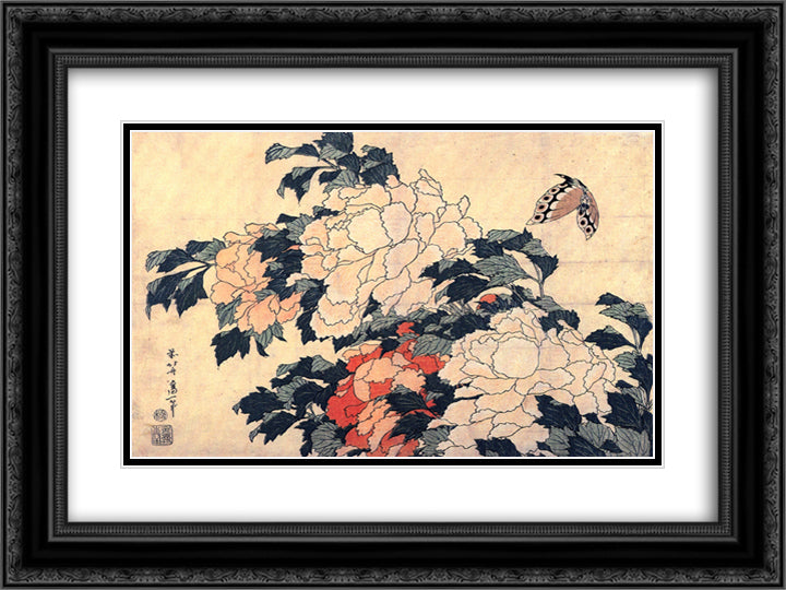 Poenies and butterfly 24x18 Black Ornate Wood Framed Art Print Poster with Double Matting by Hokusai, Katsushika