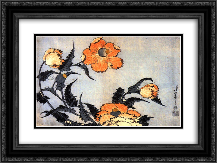 Poppies 24x18 Black Ornate Wood Framed Art Print Poster with Double Matting by Hokusai, Katsushika