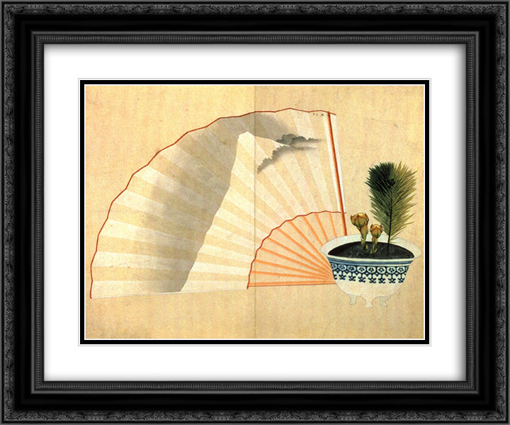 Porcelain pot with open fan 24x20 Black Ornate Wood Framed Art Print Poster with Double Matting by Hokusai, Katsushika