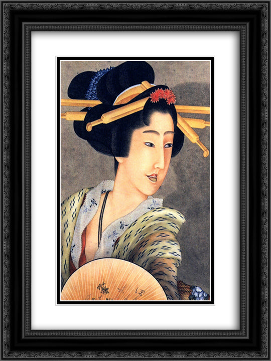 Portrait of a woman holding a fan 18x24 Black Ornate Wood Framed Art Print Poster with Double Matting by Hokusai, Katsushika