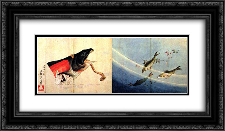 Salted salmond and mice 24x14 Black Ornate Wood Framed Art Print Poster with Double Matting by Hokusai, Katsushika
